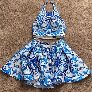 Blue and white two piece backless homecoming dress